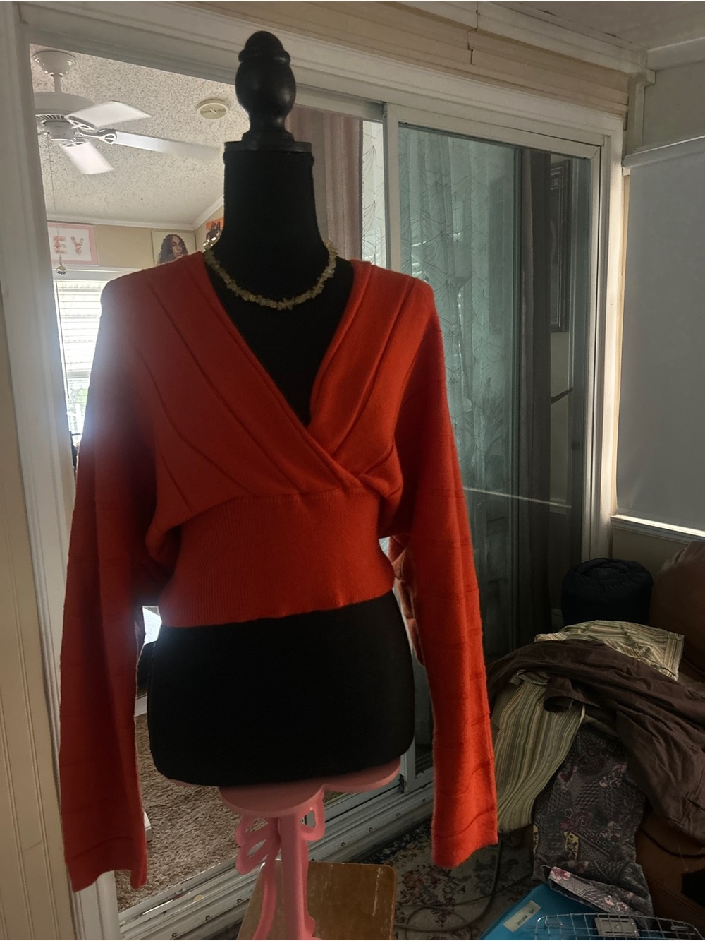 Orange V-Neck Wrap Knit Sweater Top - Women